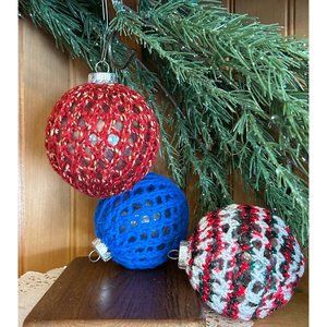 Vintage Glass Crocheted Covered Christmas Balls Decorations Red Green White Blue